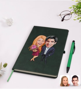 BK Gift Kişiye Özel Sevgililer Karikatürlü Yeşil Termo Deri Defter Kalem Seti Model 94