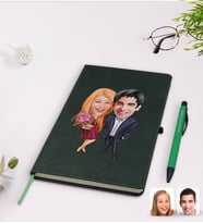 BK Gift Kişiye Özel Sevgililer Karikatürlü Yeşil Termo Deri Defter Kalem Seti Model 94