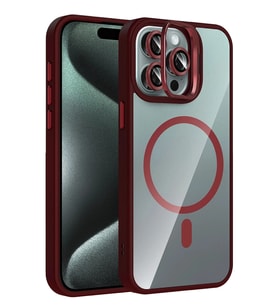Durukar® iPhone 15 Pro Max Remim Lensli Magsafe Standlı Kapak - Bordo