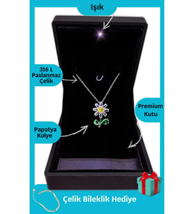 Işıklı Premium Kutuda  Papatya Desenli Gümüş Çelik Kolye  316l Çelik - Kararmaz  Hediye Paketi