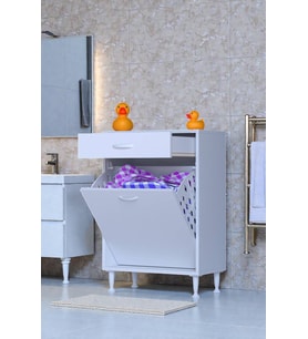 Eliusta Asil 60 cm Kirli Çamaşır Sepetli Banyo Dolabı 1 Çekmeceli Mutfak Çok Amaçlı Dolap 60x88x32,5 cm (Beyaz)