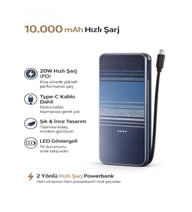 10000mAh Karbon Stil Powerbank Dahili Type-C Kablo 20W Hızlı Şarj Taşınabilir Şarj Cihazı