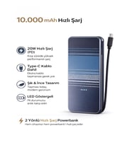 10000mAh Karbon Stil Powerbank Dahili Type-C Kablo 20W Hızlı Şarj Taşınabilir Şarj Cihazı