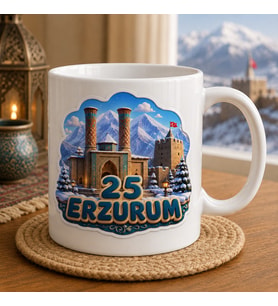 Erzurum Temalı Memleket Kupası – 25 Erzurum Çifte Minareli Medrese Kale ve Karlı Dağlar 3D Baskılı Seramik Kupa