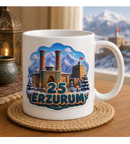 Erzurum Temalı Memleket Kupası – 25 Erzurum Çifte Minareli Medrese Kale ve Karlı Dağlar 3D Baskılı Seramik Kupa