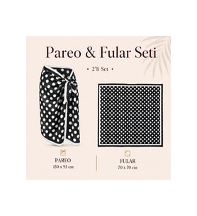 Tarzını Seç Premium Siyah Beyaz Puantiye Desenli 2’li Pareo ve Bandana Seti 150x95 cm / 70x70 cm