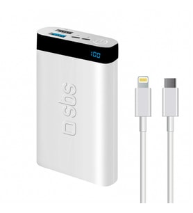 Sbs İntelligent Fast Charge 10.000mAh 2xUsbA + Type-C Çıkışlı Led Göstergeli 2M Type-C to Lightning Kablolu Powerbank Beyaz