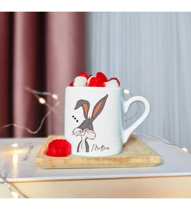 Bugs Bunny Tasarımlı Ahşap Tabaklı Kişiye Özel Türk Kahvesi Fincanı