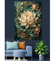 Altın Çerçeveli Büyük Beyaz Lotus Dekoratif Kanvas - Mdf Ahşap Tablo