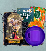 İsimli, 3 Fotoğraflı ve Işıklı Fanus & Mor Kahve Fincanı  Kişiye Özel Premium Set (Model 8)