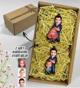 BK Gift Hediye Kutulu Kişiye Özel Baba Ve Çocuk Karikatür 2'li Ahşap Anahtarlık-1