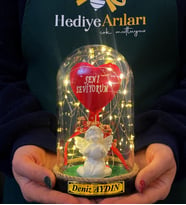 Size Özel İsimli  Kalpli ve Beyaz Melekli Büyük Boy Fanus  Led Işıklı