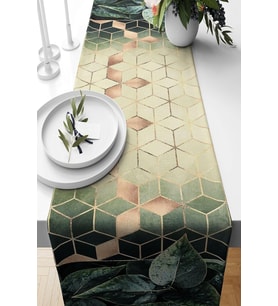 Pelangi Yeşil Yapraklı Geometrik Petekli Leke Tutmaz Kumaş Salon Mutfak Masa Değişik Ranır Modelleri Runner, Yeşil-gold 40 x 140