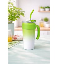 Paslanmaz Çelik Termos Bardak Pipetli Kapaklı Taşınabilir Soğuk Sıcak İçecek Mug (Yeşil-Lila)