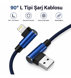 L Tipi 90° Derece Metalik Başlıklı 1000mm 2,1A Örgülü Lightning Şarj Kablosu
