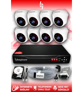 BAYICAM 8 Kameralı Dome 8 İç Kamera Set 500 GB HDD Full HD Gece Görüşlü Güvenlik Kamerası Sistemi
