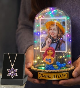 Size Özel Renkli Led Işıklı Deniz Kızı Fanus ve Ametist Taşlı Lotus Kolye