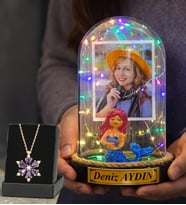 Size Özel Renkli Led Işıklı Deniz Kızı Fanus ve Ametist Taşlı Lotus Kolye