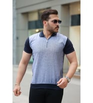 Erkek Fermuar Yakalı çizgili Kısa Kollu Tişört