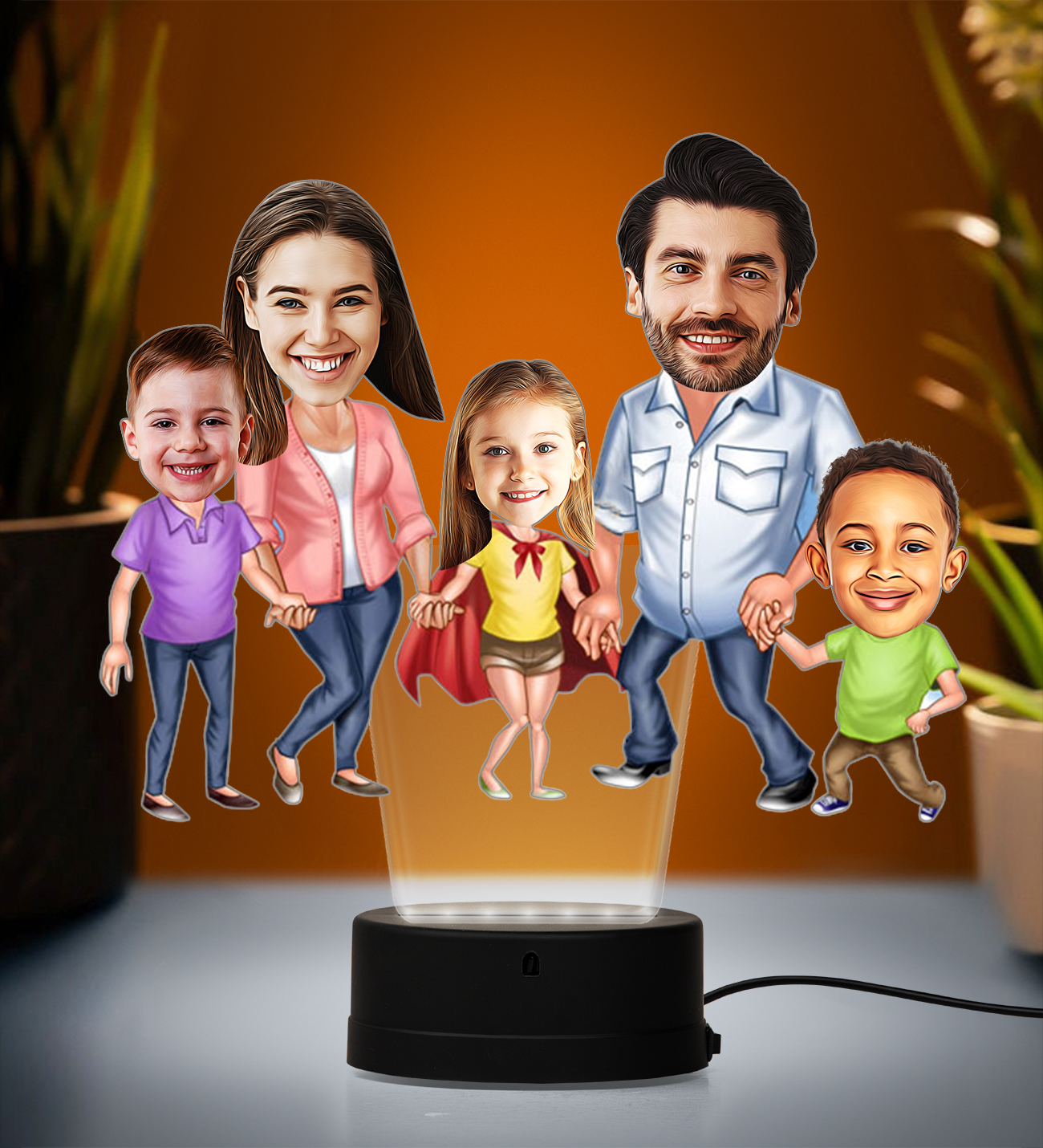 Doğum Günü Hediyesi,Sevgiliye Hediye, Kişiye Özel Fotoğraflı En Mutlu Aile Karikatür 3D Led Lamba (Beyaz)