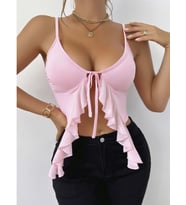 Fantezia Night Kadın Pembe Crop Askılı Önden Bağlama Fırfır detaylı 5090