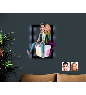 BK Gift Kişiye Özel Sevgililer Karikatürlü 3D Led Işıklı Ahşap Tablo-35