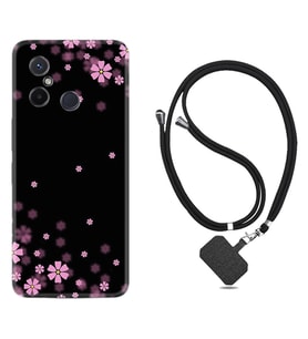 Xiaomi Redmi 12C Kılıf Resimli Boyun Askılı İpli Desenli Silikon Black flowers 1391