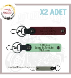 Motorcu Dostlara Özel, İsim Plaka ve 0 Rh (+) Kan Grubu Yazılı x2 Anahtarlık Set, Yeşil-Bordo-Gr (Çok Renkli)