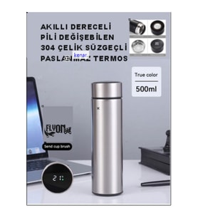 Derece Göstergeli  Çelik  Termos Pili Değişebilen Kamp,Araç,Ofis Süzgeçli Yeni Nesil Akıllı Mug