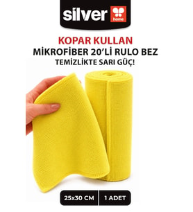 20'li Rulo Mikrofiber Temizlik Bezi 25x30 cm Çok Amaçlı Lazer Kesim Süper Emici Kopart Kullan Sarı
