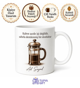 Filtre Kahve Severlere French Press Çizimli Tasarım Kupa Bardak Hediye