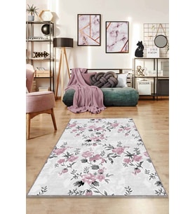 Pembe Çiçekli Kaymaz Tabanlı Makinede Yıkanabilir Halı BH007 - 100 x 160 cm