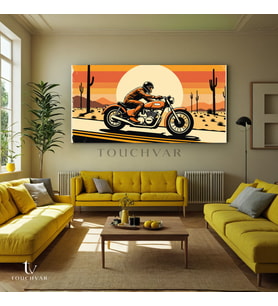 Yatay Panoramik Kanvas Tablo Motosiklet Çöl Manzara Tablosu Ev Ofis Duvar Dekoru