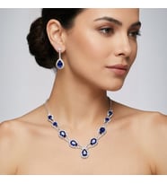 Accessories Hürrem Model Mavi Taşlı Kolye Küpe Takı Seti Gerdanlık - Gelin Düğün Nişan Abiye Set