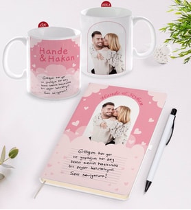 BK Gift Kişiye Özel Kendi El Yazın Mesajlı Fotoğraflı Beyaz Defter Kalem ve Kupa Hediye Seti-2 (Model 1)