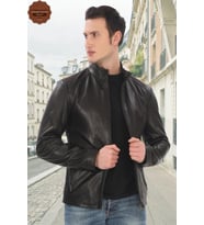 Erkek Hakiki Kuzu Derisi Derimont Ceket Slim Fit Siyah Fermuarlı