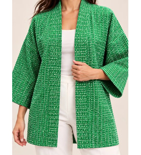 Kadın Yeşil Beyaz Desenli Şal Yaka Rahat Kesim Kimono Ceket