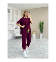 Kadın Kısa Kollu Bisiklet Yaka Viskon Iki Iplik Bluz Ve Pantolon Ikili Takım