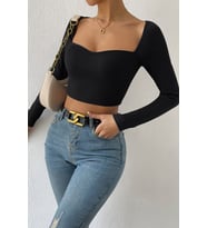 Kadın Siyah Uzun Kol Göğüs Dekolteli Şık Crop Top Bluz