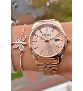 Ferrucci MRD11828 Rose Gold Renk Çelik Kordon Kadın Kol Saati Bileklik Hediyeli
