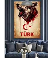 Türk bayrağı kurt portre Dekoratif Kanvas - Mdf Ahşap Tablo