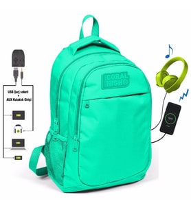 Coral High Su Yeşili İlk ve Ortaokul Sırt Çantası - USB ve AUX Çıkışlı - Kız ve Erkek
