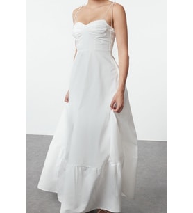 Moda Stil Regular Kalp Yaka Maxi Boy Drape Detaylı Dokuma Elbise