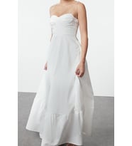 Moda Stil Regular Kalp Yaka Maxi Boy Drape Detaylı Dokuma Elbise