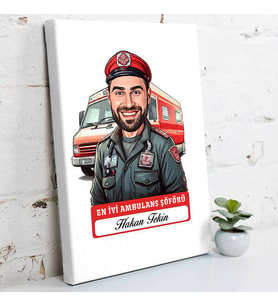 Kişiye Özel Hediye Karikatürlü En İyi Erkek Ambulans Şoförü Kanvas Tablo