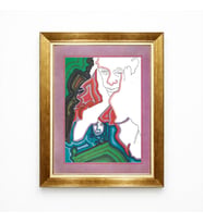 Tablore Soyut Çizgisel İnsan Yüzü Figürlü Modern Sanat Altın Çerçeveli Salon Tablosu