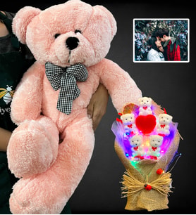 Size Özel Led Işıklı Fotoğraflı Ayıcık Buketi ve Büyük Boy 80cm Pembe Peluş Ayıcık (Model 2)