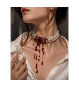 İnci Choker Kolye Halloween Cadılar Bayramı Tasma Kolye Bordo Kırmızı Boncuklu Sarkan Tasarım Kolye