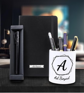 Kişiye Özel Tasarım Porselen Kalemlik & Siyah Defter & Roller Kalem Ofis İş Hediye Seti