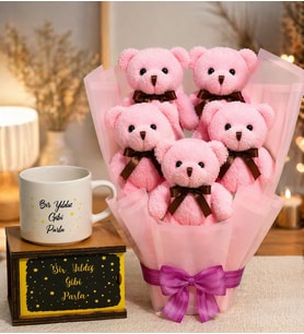 Ayıcık Buketi + Kupa + Işıklı Kutu Sevgiliye Romantik Hediye Seti  5’li Peluş Ayıcık Buketi Sürprizi